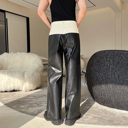 PU Leather And Denim Straight Pants