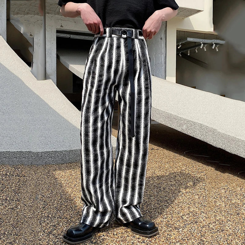 Belted Wide Leg Pants With Washed Stripes