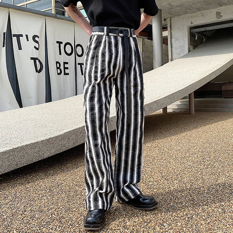 Belted Wide Leg Pants With Washed Stripes