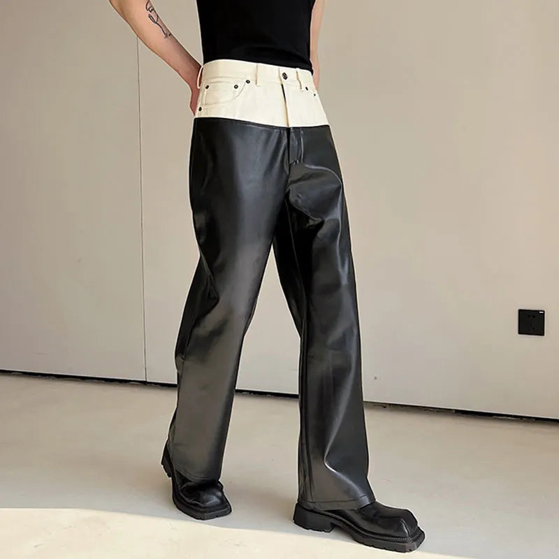 PU Leather And Denim Straight Pants